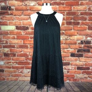 Astr High Neck Lace Overlay Shift Dress, M